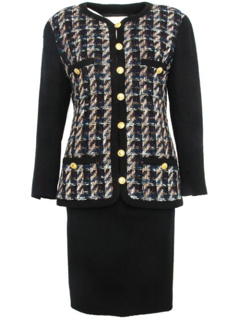 1990s tweed collarless skirt suit