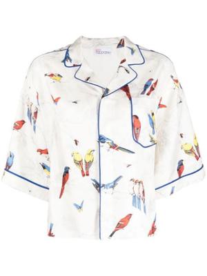 bird-print silk shirt