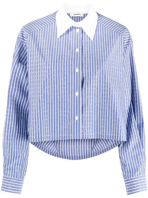 rhinestone-embellished striped cotton shirt