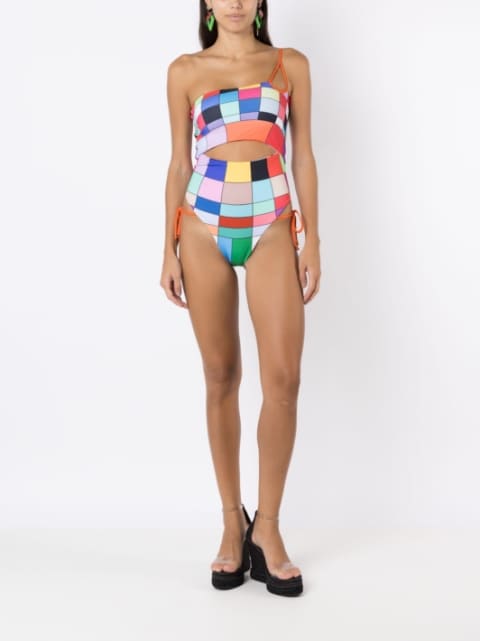 graphic-print single-shoulder swimsuit