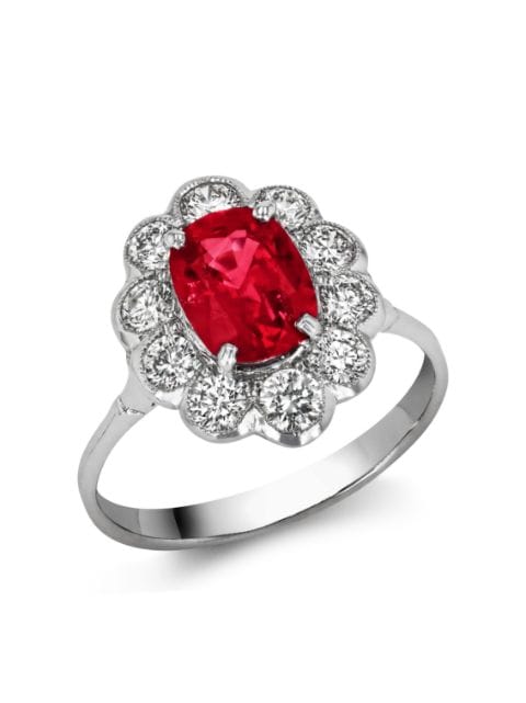 18kt white gold Antique Inspired ruby and diamond ring