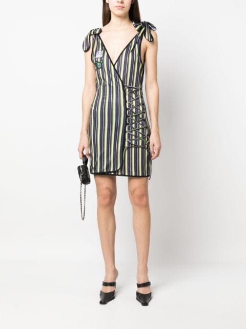 lace-up stripe-print wrap dress